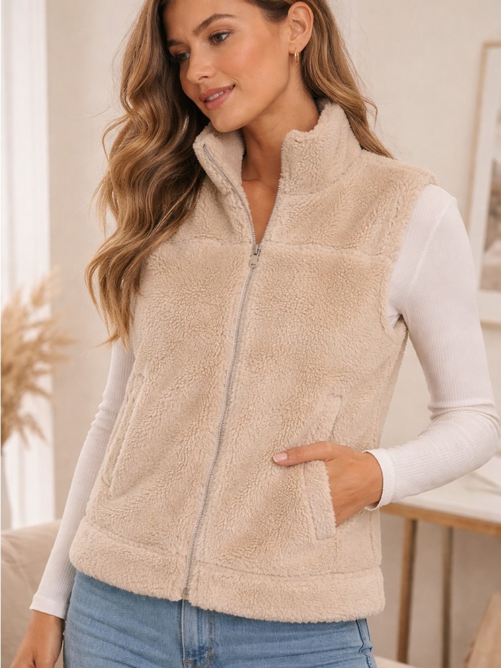 DKNY Sport Sherpa Fleece Vest Beige Zip Up Cozy Sleeveless Jacket